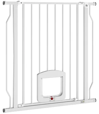 Image de Grille de protection pour chiens, barrière de sécurité pour escaliers avec passage pour chats, sans perçage, en acier et plastique, blanche. | Système de verrouillage à 4 points | 75–85 cm | 76 cm de hauteur