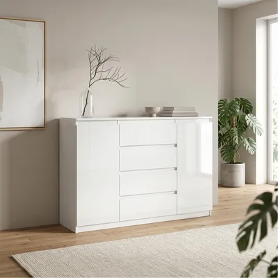Produktbild von Masseno Kommode NUDO 138,5 cm Sideboard mit 4 Schubladen und 2 Türen für Wohnzimmer Schlafzimmer Modern 138,5x39x101,5 cm Weiß / Weiß