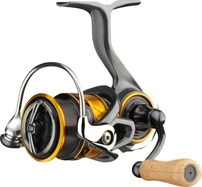 A studio shot of a fishing reel against a white background.