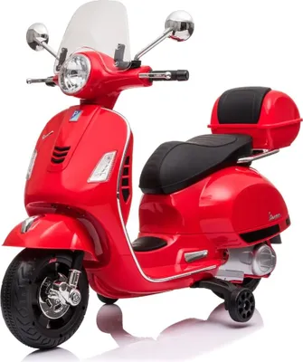 A red children's electric scooter with a windshield and a storage box.