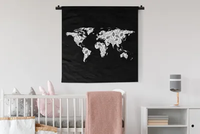 Produktbild von MuchoWow® Wandteppich Wandbehang Weltkarte - Blätter - Schwarz 90x90 cm Tapisserie Dekoration Wandtuch - Wandaufhänger