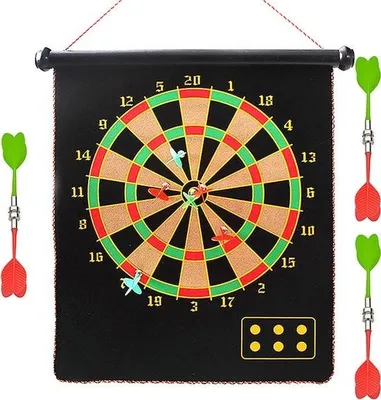 Produktbild von Magnetische Dartscheibe – 43 cm – Doppelseitig – Dartspiel und Punktespiel – Inklusive 6 magnetischer Darts – Sicher für Kinder – Einfach aufzuhängen