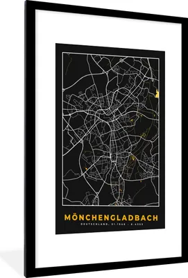Produktbild von MuchoWow® Gerahmtes Poster Mönchengladbach - Gold - Stadtplan - Karte - Deutschland 60x90 cm - Poster mit Schwarzem Bilderrahmen Wandposter Rahmen Foto Bilder - Dekoration - Wandposter Wohnzimmer - Hochwertig