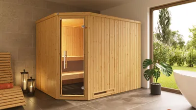 Produktbild von weka Elementsauna VARBERG Eck Gr. 4 Sparset 7,5 kW BioS inkl. digitaler Steuerung, Glastür x B x T x H x 244 x 197 x 199