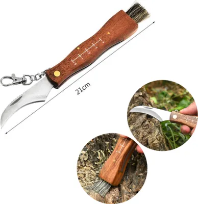 Produktbild von Großes Pilzmesser mit Bürste, Lineal und Echtholzgriff, Schwammerlmesser, Mushroom Knife