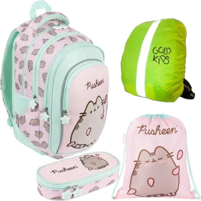 Produktbild von Goldkids - Schulranzen für Jungen und Mädchen, 4er-Set - Schul-Rucksack für Kinder mit Schlampermäppchen - Schuhbeutel und Regenschutz- Pusheen Motiv
