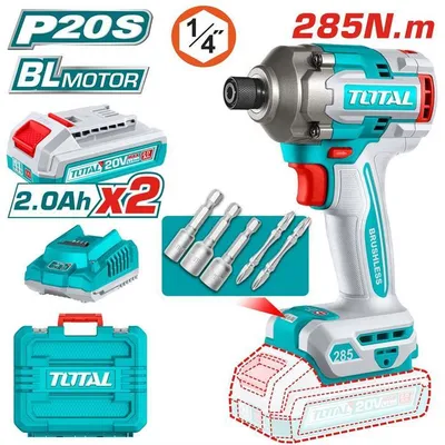 Imagen del producto de TOTAL Atornillador de impacto inalámbrico de 20V y 285Nm, motor brushless, con mandíbula de 1/4", incluye 2 baterías de 2.0Ah, cargador rápido y maletín - TOTTIRLI2028E