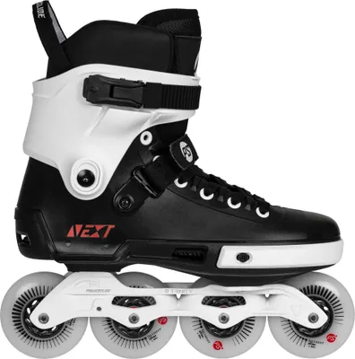A single inline skate is shown from the side against a white background.