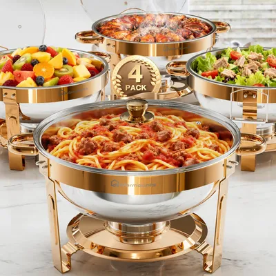 Zdjęcie produktu dla Zestaw do bufetu Chafing Dish – zestaw 4 sztuk – 5 QT na sztukę – szklana pokrywa – podgrzewacz do cateringu/imprez – srebrny