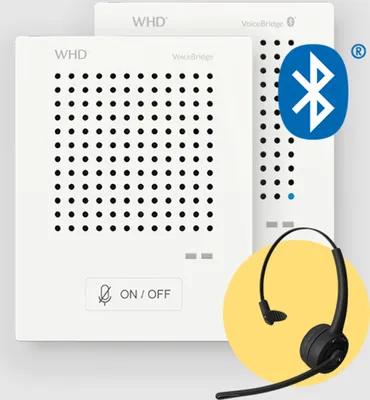 Zdjęcie produktu dla System domofonowy WHD VoiceBridge Bluetooth z 2 stacjami rozmównymi (1 dla klientów / 1 dla personelu) oraz 1 zestawem słuchawkowym z jednym uchem dla personelu – bezdotykowy, w pełni automatyczny system domofonowy