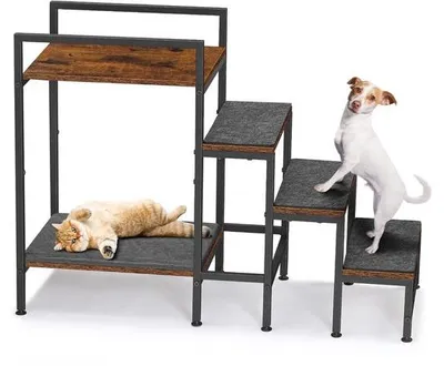 Productafbeelding van Metalen en houten kattenplank voor oudere dieren, met 4 niveaus, geschikt voor katten en kleine honden, bruin en zwart, 33 x 85 x 63 cm