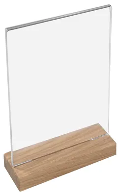Tischaufsteller mit Holzfußaus Acryl im Hochformat von HMF in DIN A4