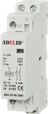 A white electrical component, likely a relay or contactor, with branding and technical specifications printed on its surface.