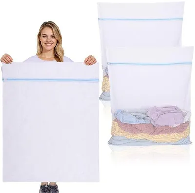 Produktbild von Wäschenetz groß, 90 x 110 cm, wiederverwendbarer Wäschebeutel mit Reißverschluss, für Hemden, Pullover, Jacken und Hosen, weiß