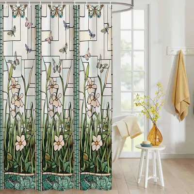 Produktbild von Omgoods – Wasserdichte Duschvorhang mit Buntglas-Design, 72 x 72 Zoll