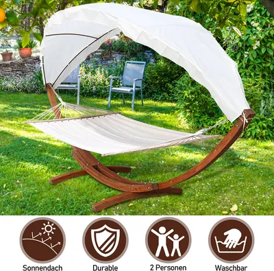 Produktbild von Fiqops Hängematte Wetterfestem Hängematten Stabhängematte Outdoor Holz mit Gestell XXL Garten Hängemattengestell 2 Personen 410cm Gartenliege Liege