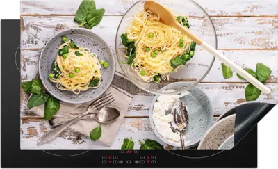 Produktbild von KitchenYeah© Herdabdeckplatte Nudeln - Basilikum - Kochen , 90x52cm, Küche Deko, Glaskeramikkochfeld Herdabdeckung, Abdeckplatte fùr Kochfeld