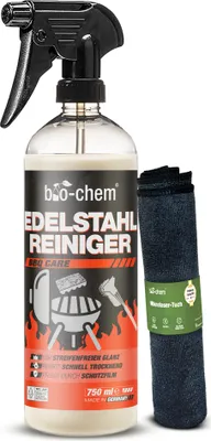 Produktbild von bio-chem Edelstahlreiniger - 750 ml + Mikrofasertuch - Pflegespray für Küche, Haushalt und Grill aus Edelstahl, Aluminium sowie Chrom - Edelstahl-Reiniger für strahlenden Glanz