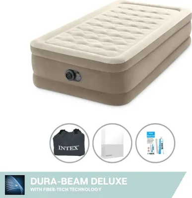 Obrázek produktu pro Nafukovací postel Intex - pro 1 osobu - 99 x 191 x 46 cm - béžová - se zabudovanou pumpou + bílé prostěradlo + opravná sada