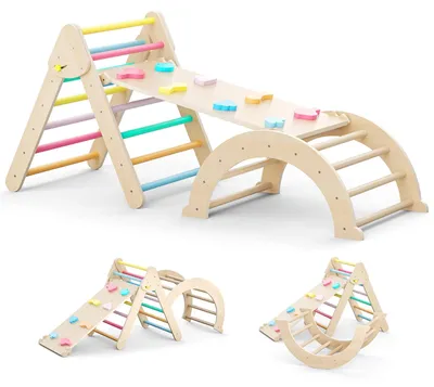 Produktbild von Klettergerüst - Montessori-Pikler-Kletterdreieck - 5-in-1 - Faltbar - Holz - Für drinnen - Für Kinder von 1–6 Jahren - Bunt