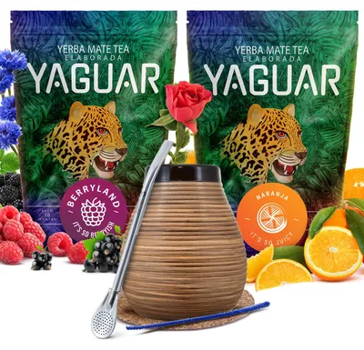 Produktbild von Yaguar - Mate Tee Set Berryland, Naranja 2x500g - Mate Becher 350ml, Bombilla Mercedes - Sanft, Fruchtig - Mit Zubehör - Yerba Mate Brasilien