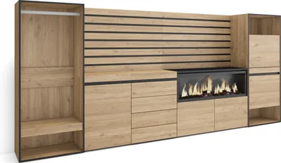 Produktbild von Sideboard, Kommode, 334x35x145 cm, Für Schlafzimmer, Zimmer, Elektrokamin XXL, Kommode mit Schubladen, Schuhschrank, Offener Kleiderschrank, Eiche