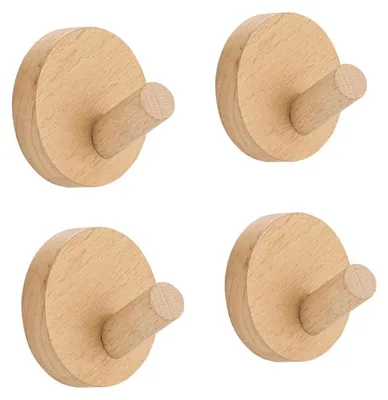 Image de Crochets muraux adhésifs en bois de bouleau, sans perçage, lot de 4, pour serviettes, vestes, sacs, chapeaux, adaptés aux salles de bain, aux couloirs et aux cuisines