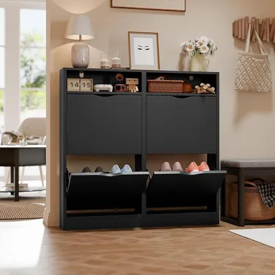 Imagen del producto de Zapatero estrecho con 4 puertas. Estantería para zapatos que ahorra espacio, con diseño cerrado. Zapatero, zapatero con 4 estantes, armario para zapatos, armario para pasillo/entrada/vestíbulo, color
