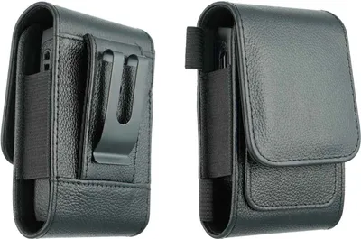 Two views of a black leather phone case with a belt clip.