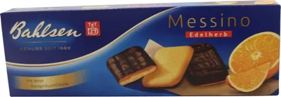 Produktbild von Bahlsen Messino Orangenfüllung umhüllt von edelherb Schokolade 125g
