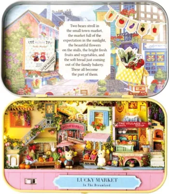 Produktbild von Habarri | Miniaturhaus - DIY-Puppenhaus - Holzhaus mit Möbeln und LED-Beleuchtung - Geschenk für Kinder - Fröhlicher Markt
