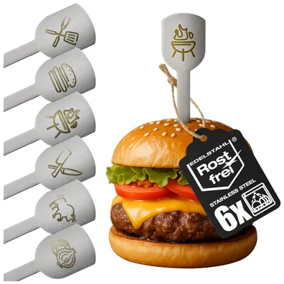 Zdjęcie produktu dla Zestaw 6 sztuk szpikulec do grillowania ze stali nierdzewnej, długość 19 cm, idealne również jako szpikulce do serwowania