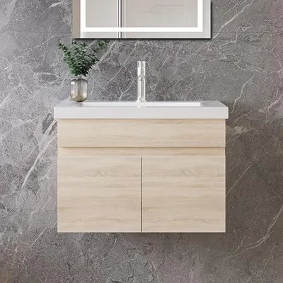 Produktbild von 60cm Mineralguss Waschtisch mit Unterschrank Badmöbel Set mit Türs Soft-close - Eiche Matt