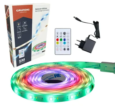 Produktbild von Grundig LED Strip 5 Meter mit Fernbedienung - LED Streifen RGB mit Bewegungssensor - LED Lampe mit Musikmodus - 450 LEDs RGBIC + CCT - Dimmbar mit Timerfunktion - Schwarz