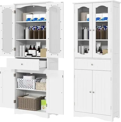 Produktbild von Badezimmerschrank, Hochschrank mit Schublade, 4 Türen & verstellbaren Abalgen, 60 x 30 x 160 cm, Aufbewahrungsschrank für Badezimmer, Flur, Küche & Wohnzimmer (mit Schublade, Weiß)
