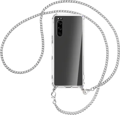 Produktbild von Handykette Backcover-Schutzhülle mit Band (Metall silberfarben) für Sony Xperia 5 - silberfarbene Kette