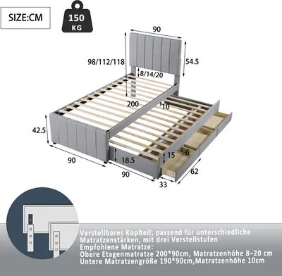 Produktbild von okwish Polsterbett 90 x 200 cm mit Rollbett und 3 Schubladen, Leinen, Grau