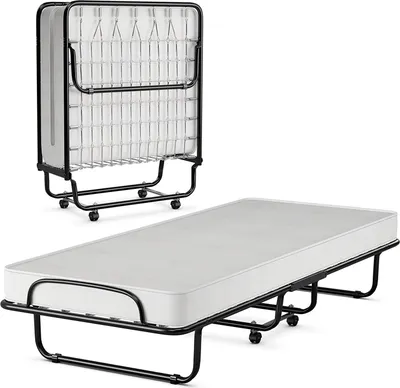 Produktbild von COSTWAY 80x190 cm posteľ pre hostí s 10 cm matracom z pamäťovej peny, jednolôžko do 120 kg naložené na kolieskach, kovová rozkladacia posteľ prenosná do kancelárie a izby pre hostí