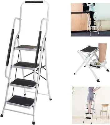 Produktbild von Tritthocker 4 Stufen Trittleiter mit Handlauf Stahl Klapptritt Haushaltstritt Stehleiter Klappbar Stehleiter bis 150 kg für Zuhause/Küche/Büro