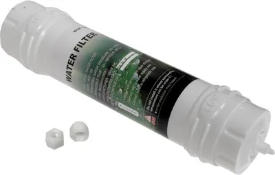 A white water filter with a label showing green grass and text.