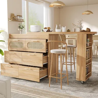 Image de Table de bar extensible avec tiroirs et étagères, pivotante à 360°, équipée d'un système anti-basculement, finition bois naturel, dimensions : 203 x 40 x 90 cm