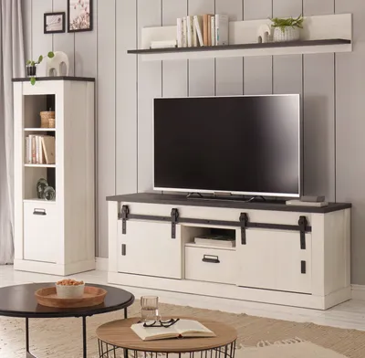 Produktbild von Wohnwand "Stove" in weiß Pinie anthrazit Schrankwand Set 3-teilig 233 x 170 cm mit Soft-Close
