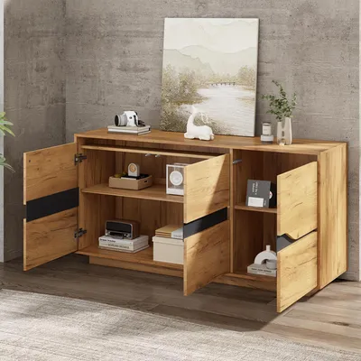 Image de okwish Buffet / enfilade pour salon avec 3 portes, étagères modulables, laqué avec LED et tiroirs sans poignées – bois + noir