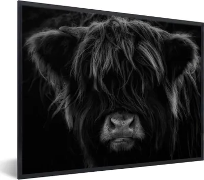 Produktbild von MuchoWow® Gerahmtes Poster Schottischer Highlander - Kuh - Porträt - Tiere - Schwarz - Weiß 80x60 cm - Poster mit Schwarzem Bilderrahmen Wandposter Rahmen Foto Bilder - Schwarzem - Mit Gestell
