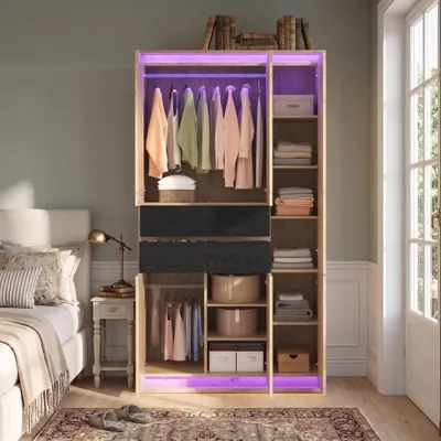 Imagen del producto de Armario STILVORA con espejo e iluminación LED, armario con puertas batientes y 2 barras para colgar, armario de dormitorio con 4 cajones y 9 compartimentos de almacenamiento, Imagen generada por IA