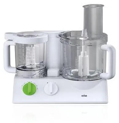 A white Braun food processor with clear plastic bowls and a green dial.