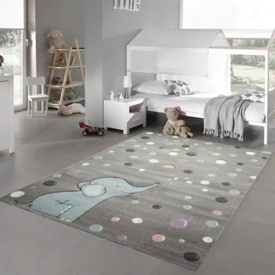 Produktbild von Kinderteppich Elefant Kinderzimmerteppich mit Punkten in grau blau Größe - 200 x 290 cm