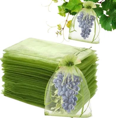 Imagen del producto de Bolsas de protección para uvas, color verde, 17 x 23 cm, paquete de 50 unidades, con cordón para proteger la fruta
