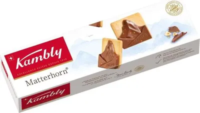 Produktbild von Kambly Matterhorn, Keks, Schokolade, Nougat, Eier, Gluten, Milch, Nüsse, Sojabohnen, Sesamsamen, Rechteck, 100 g, Papier