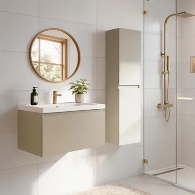 Produktbild von LOMAZOO Badmöbelset SORRENTO 80 cm - Mit Hochschrank - Greige - Waschbecken Weiß